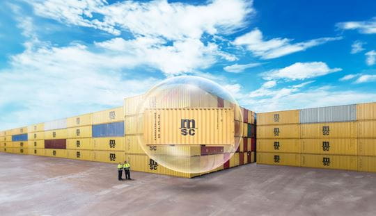 MSC Container in a bubble protected at a terminal